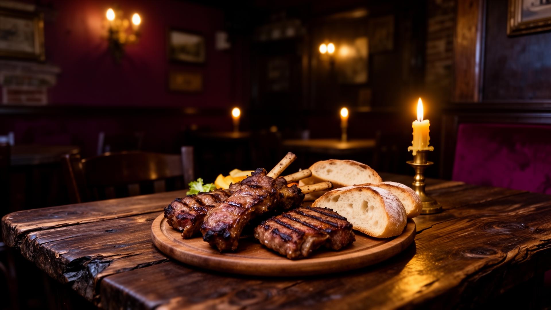 Warm interior of Serbian Mediteran Restaurant with rustic wooden tables and candlelight
